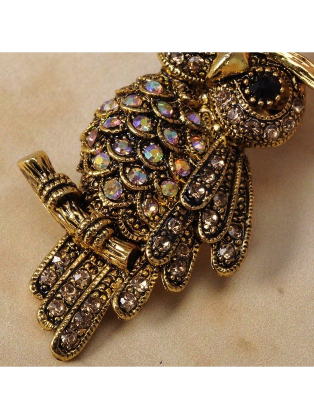 Antique Multicolored Crystal Rhinestone Perched Little Owl Branch Pin Brooch - Picture 4 of 6